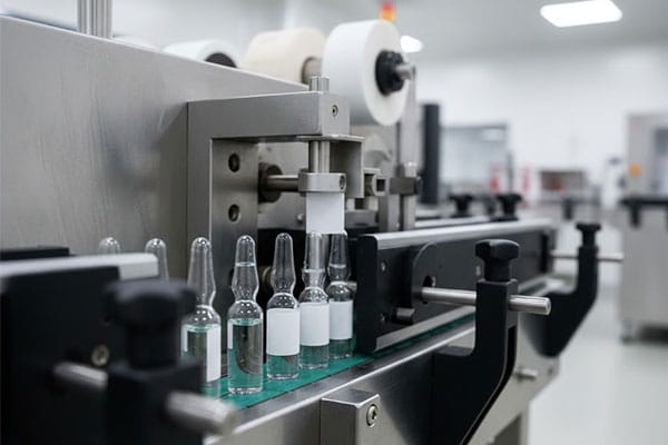 Ampoule labeling machine applying labels on glass ampoules