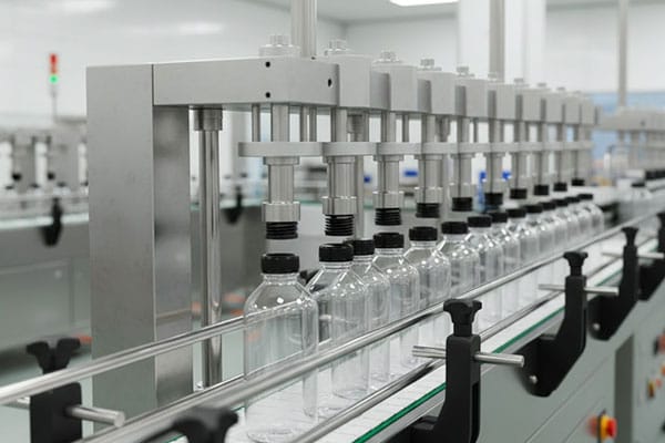 Automatic multihead screw capping machine sealing bottle caps simultaneously