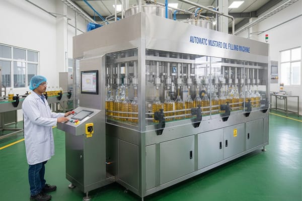 Automatic mustard oil filling machine filling oil into bottles