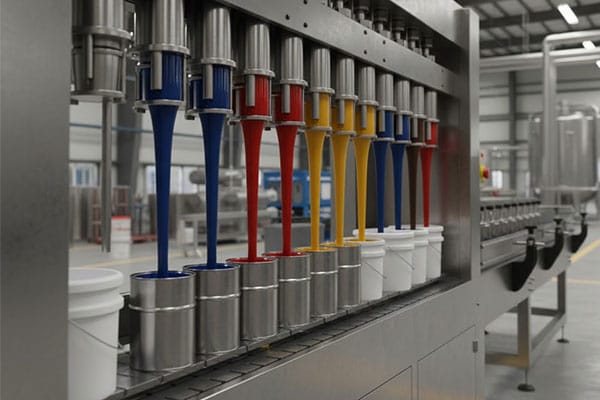 Automatic paint filling machine filling liquid paint into containers