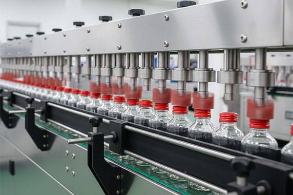 Automatic spindle capping machine tightening plastic caps on bottles