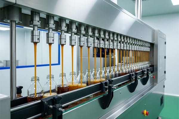 Automatic syrup filling machine filling liquid syrup into bottles