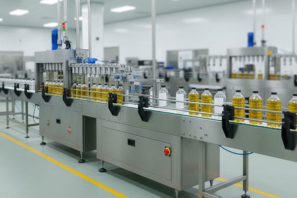 Edible oil packing line with filling, capping, and labeling machines