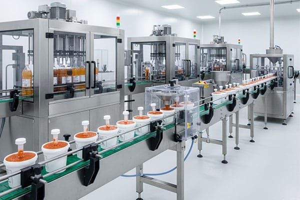 Food and beverage packaging machines showing filling and sealing process