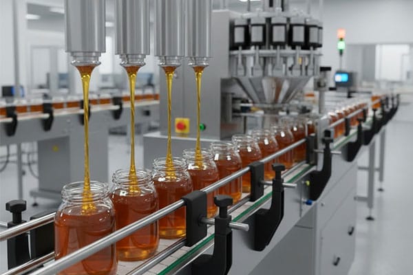 Honey packing line with filling, capping, and labeling machines