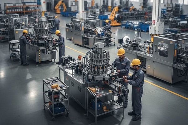 Packaging machinery manufacturer in Ahmedabad producing stainless steel filling, capping, and labeling machines in a modern manufacturing unit
