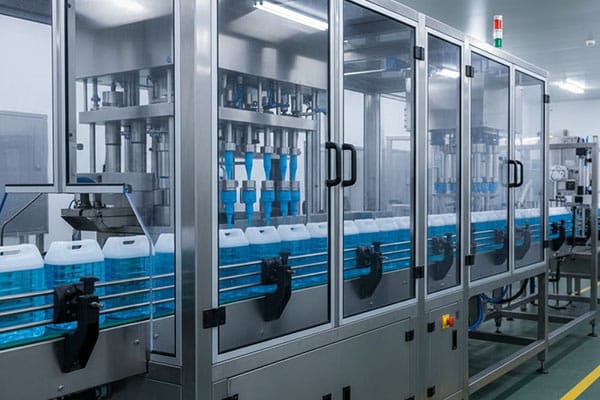 Pesticides and chemical packing line with automatic filling and sealing machines