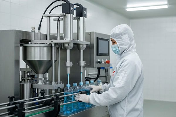 Semi automatic liquid filling machine filling liquid into bottles