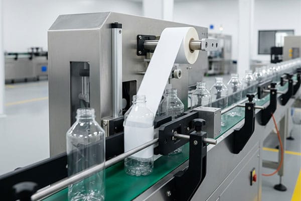 Sticker labeling machine applying labels on bottles